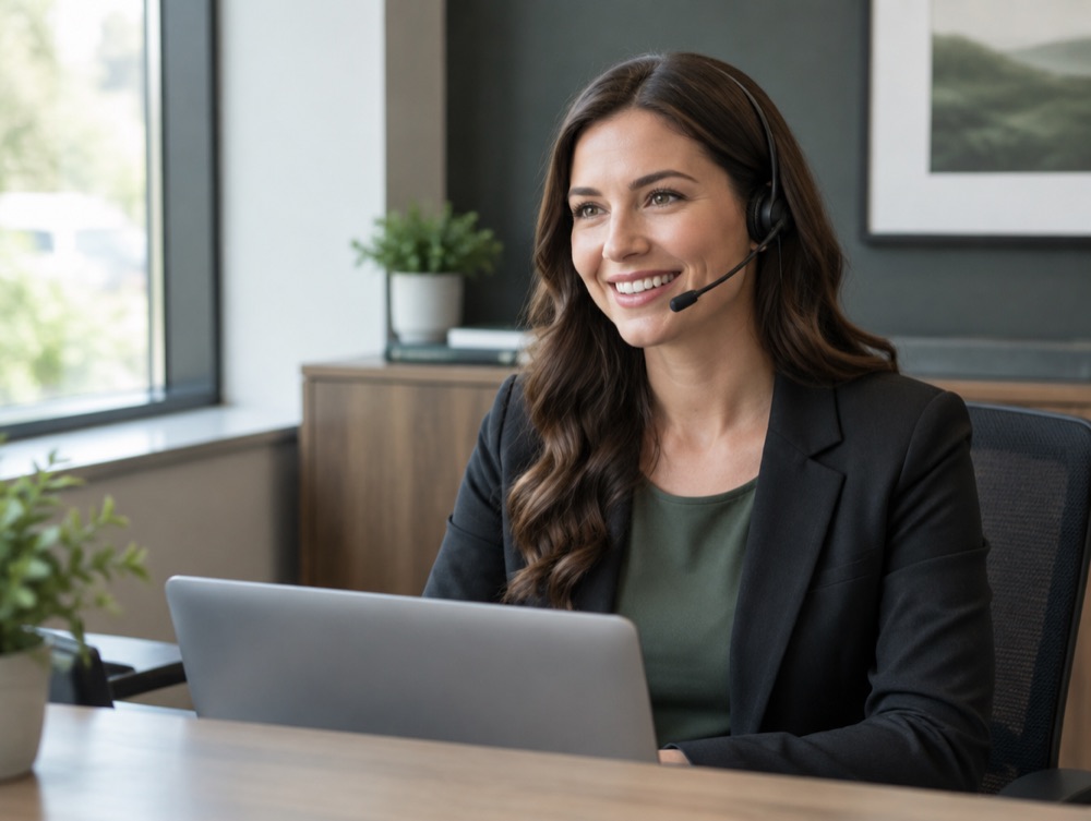 A receptionist with a headset taking a call at an office front desk